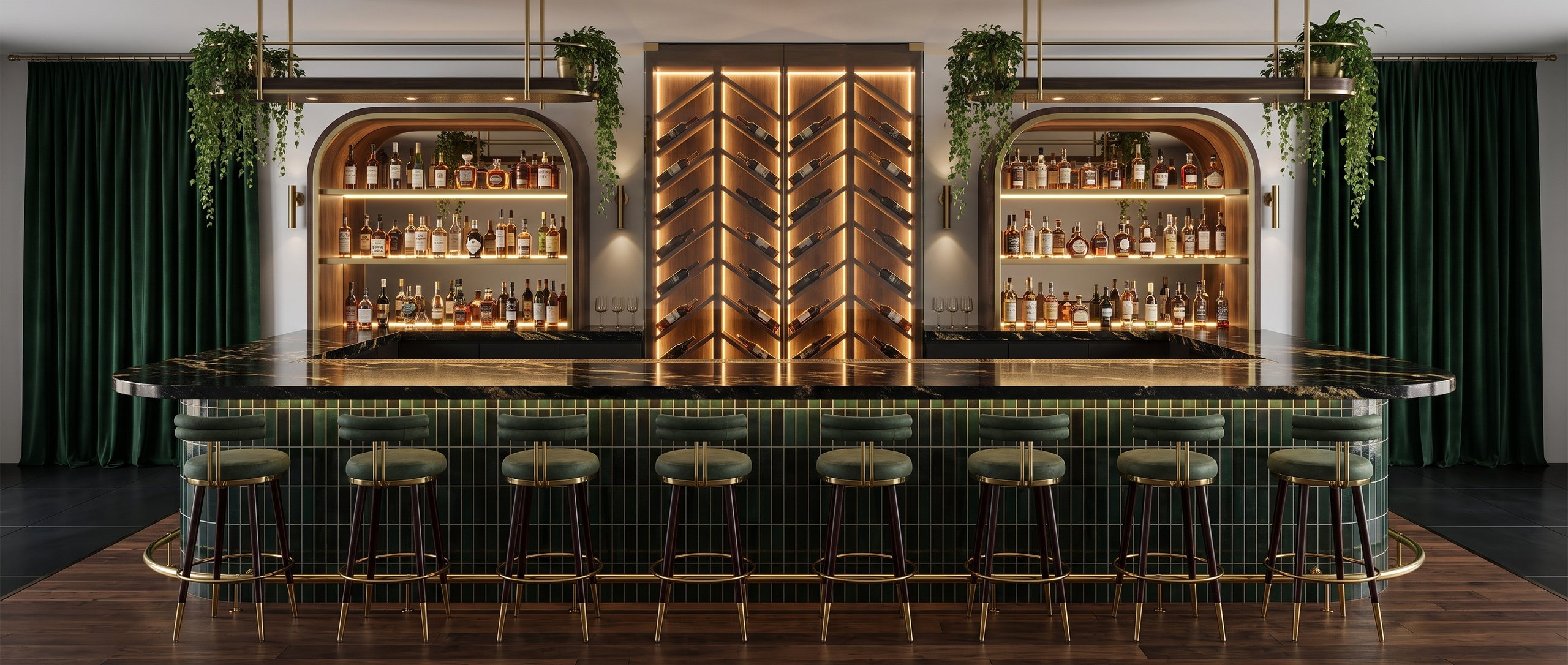 The black granite bar with two arched liquor cabinets and the wine display