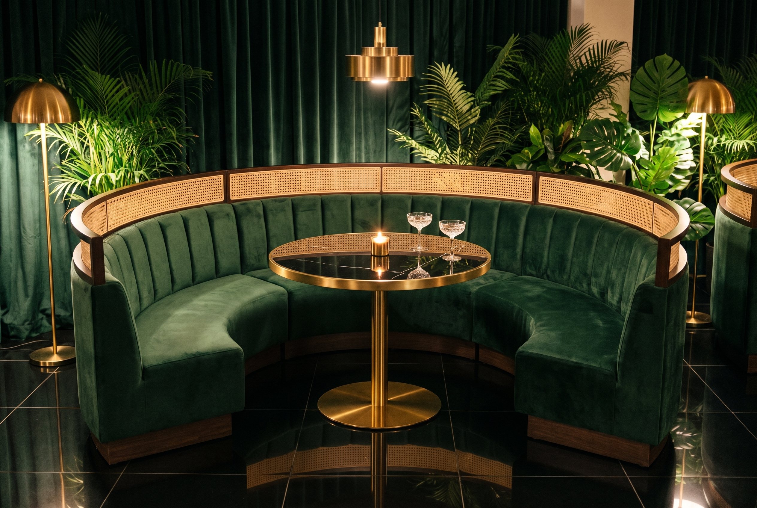 A green circle booth with cane back and marble table
