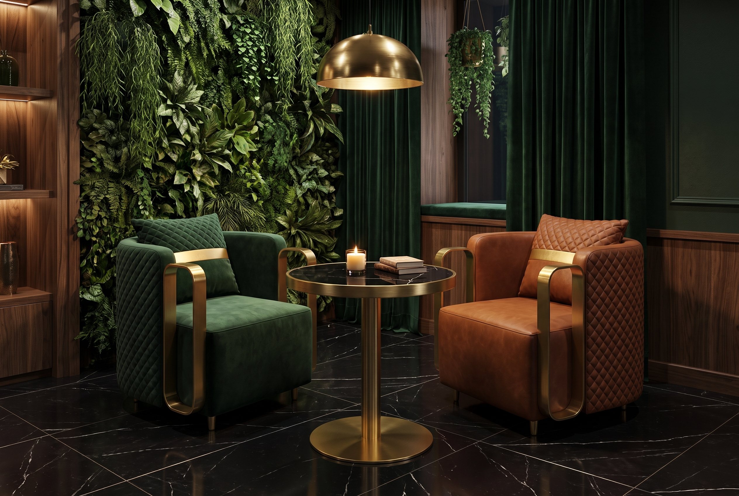 A green and a cognac club chair by the living wall