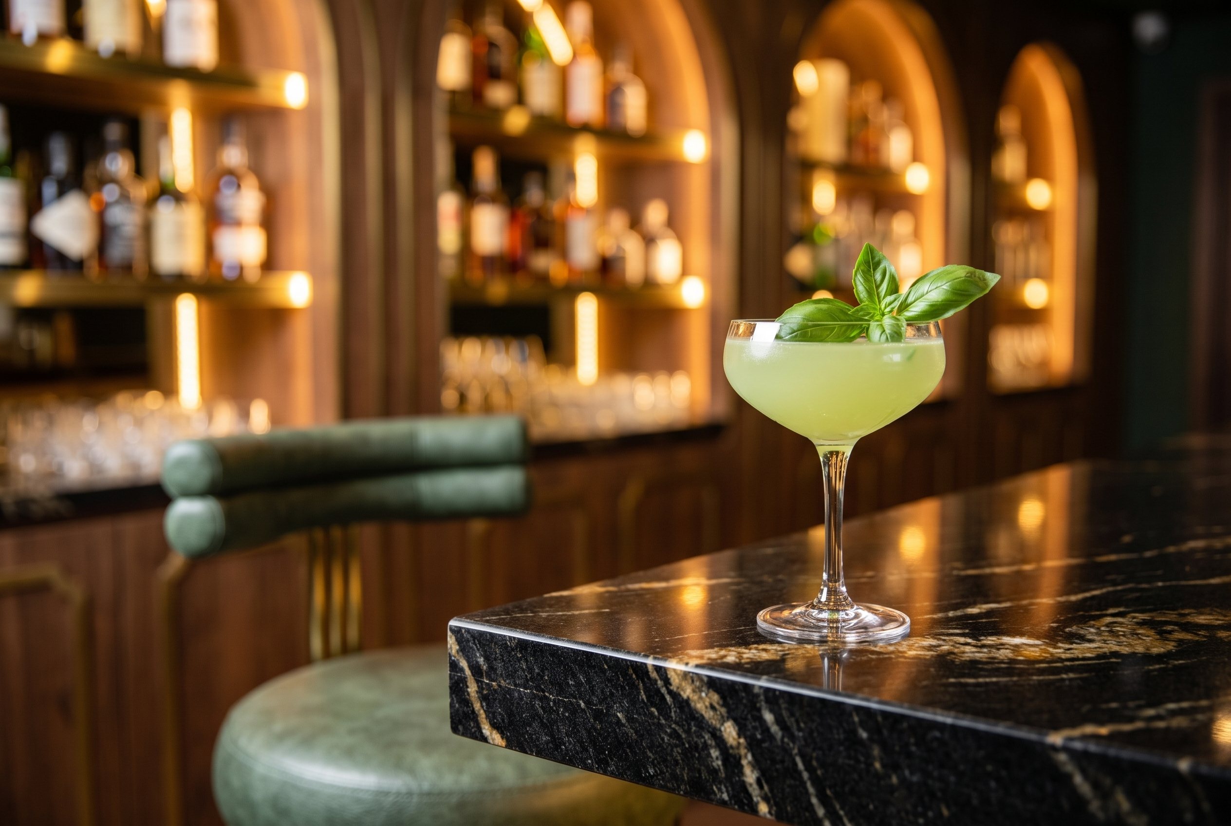 A basil cocktail on the black granite bar