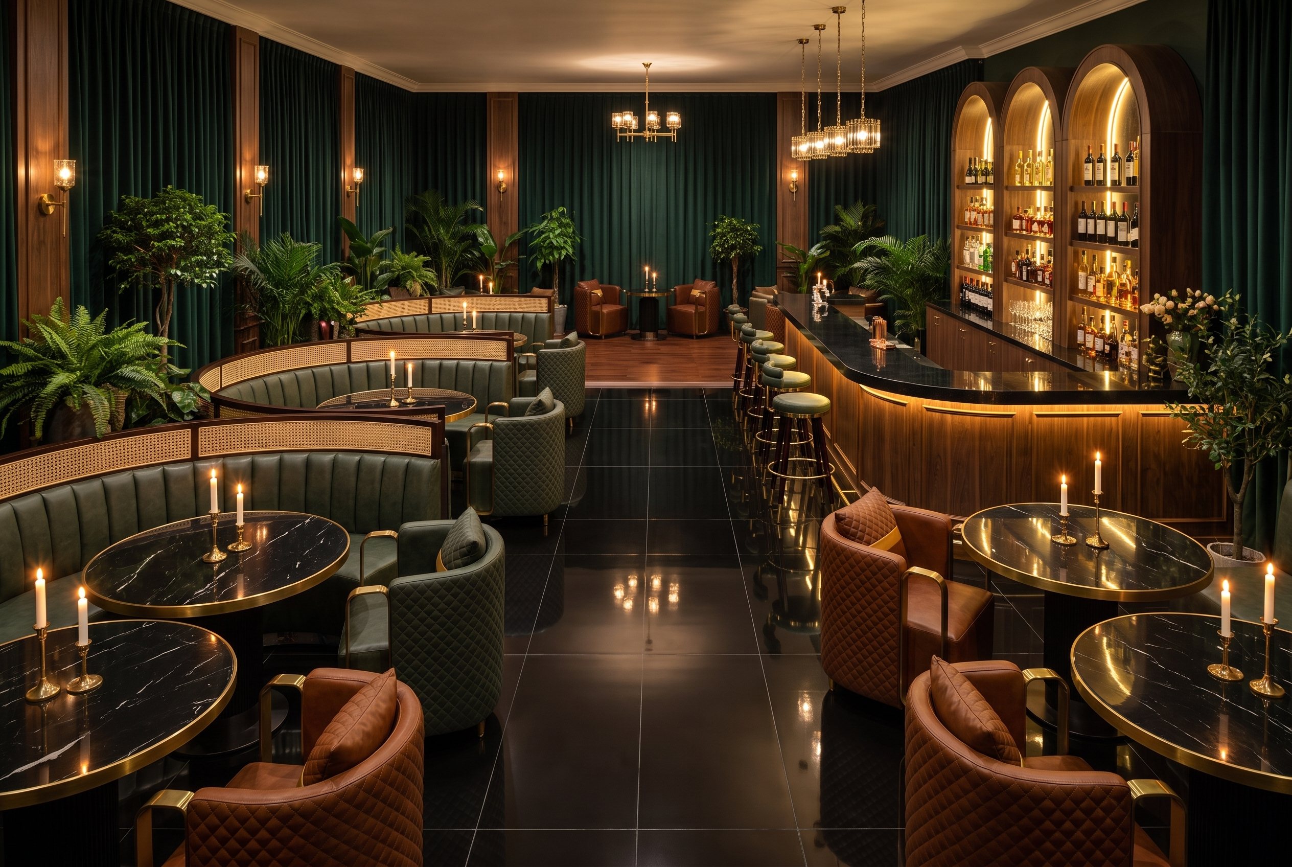 The Oasis: black tile floor, green circle booths and club chairs