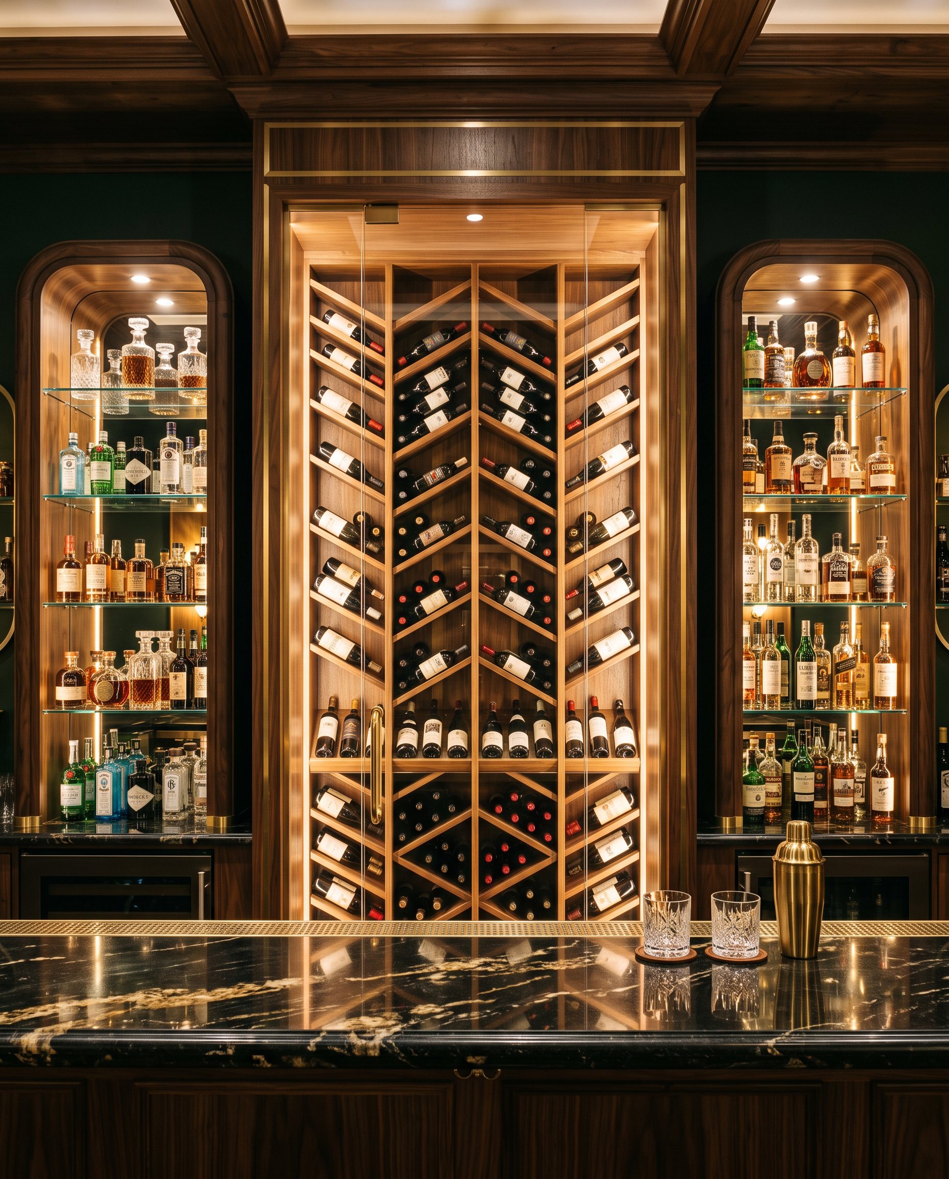 The chevron wine display at the centre of the back bar