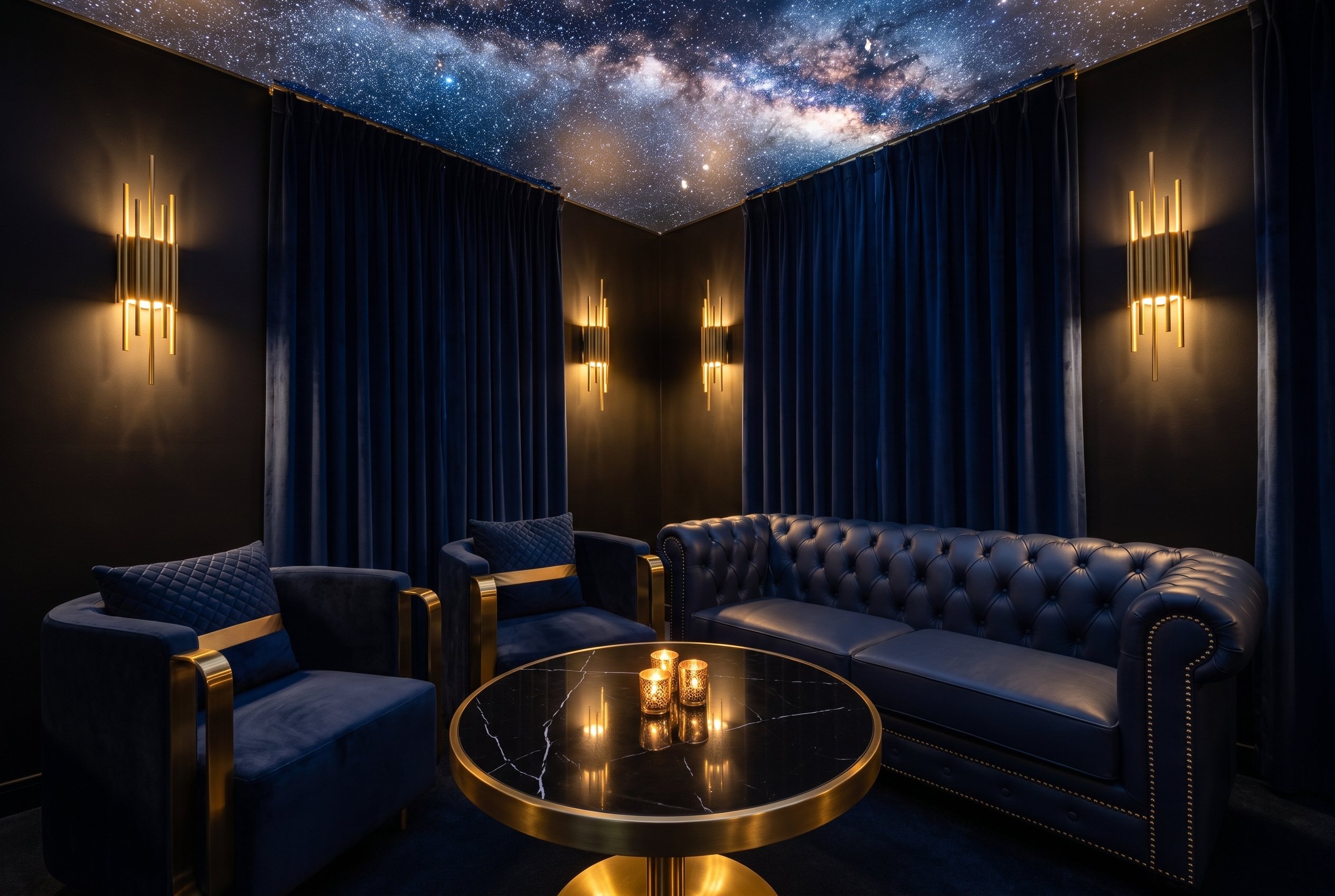 Navy club chairs and a Chesterfield around a marble table