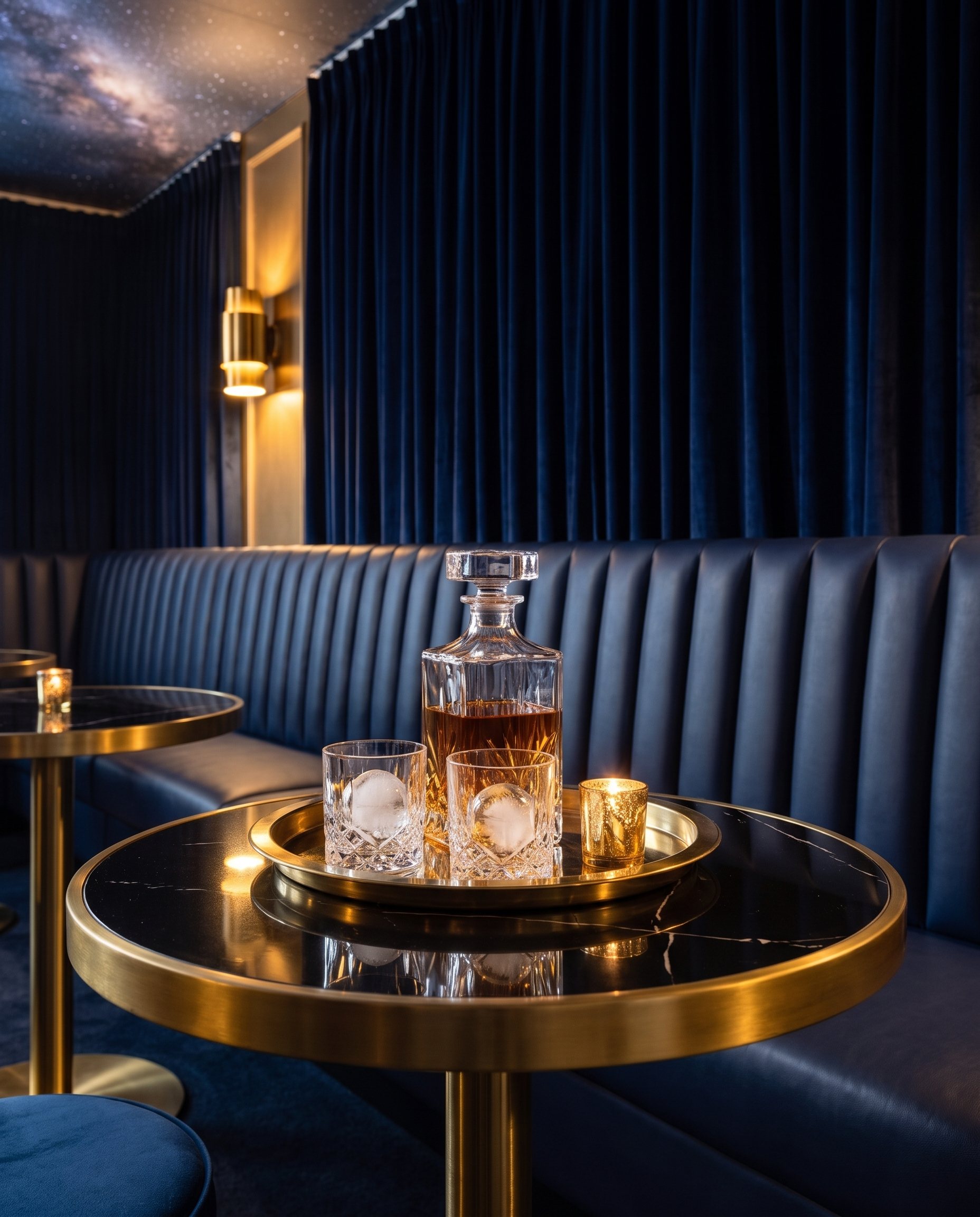A gold tray with a decanter and two glasses on a marble table
