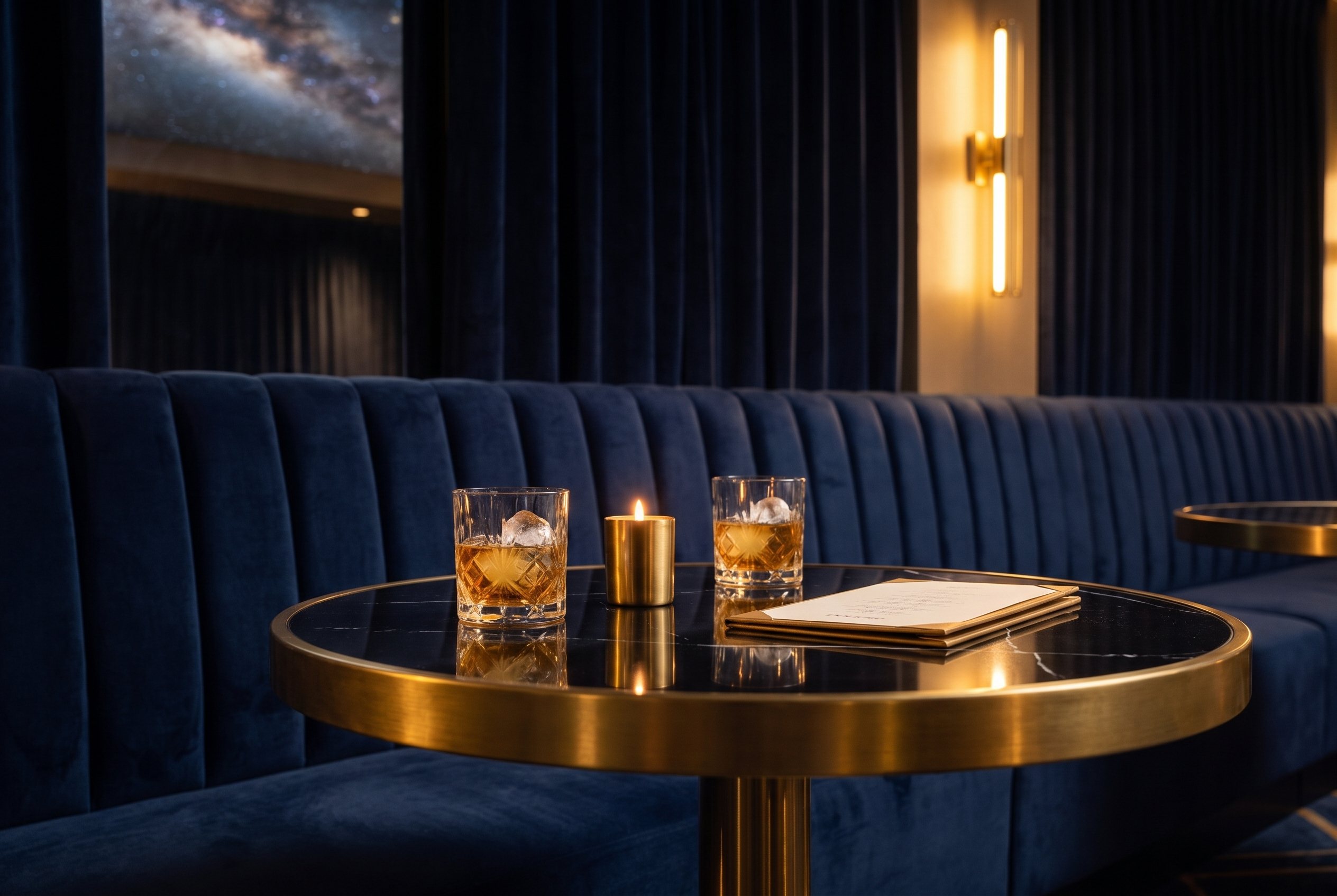 A black marble table with gold rim beside a navy banquette